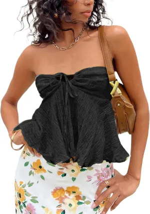 Amiblvowa Women Tie Front Tube Top Sexy Sleeveless Strapless Flowy Ruffle Hem Peplum Bandeau Top Y2K Cute Going Out Crop Tank
