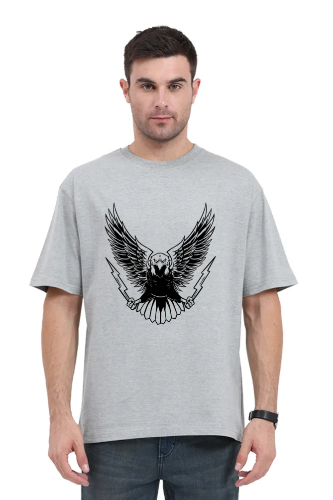 Angry Eagle Grey Melange Printed Oversized T-shirt for Men