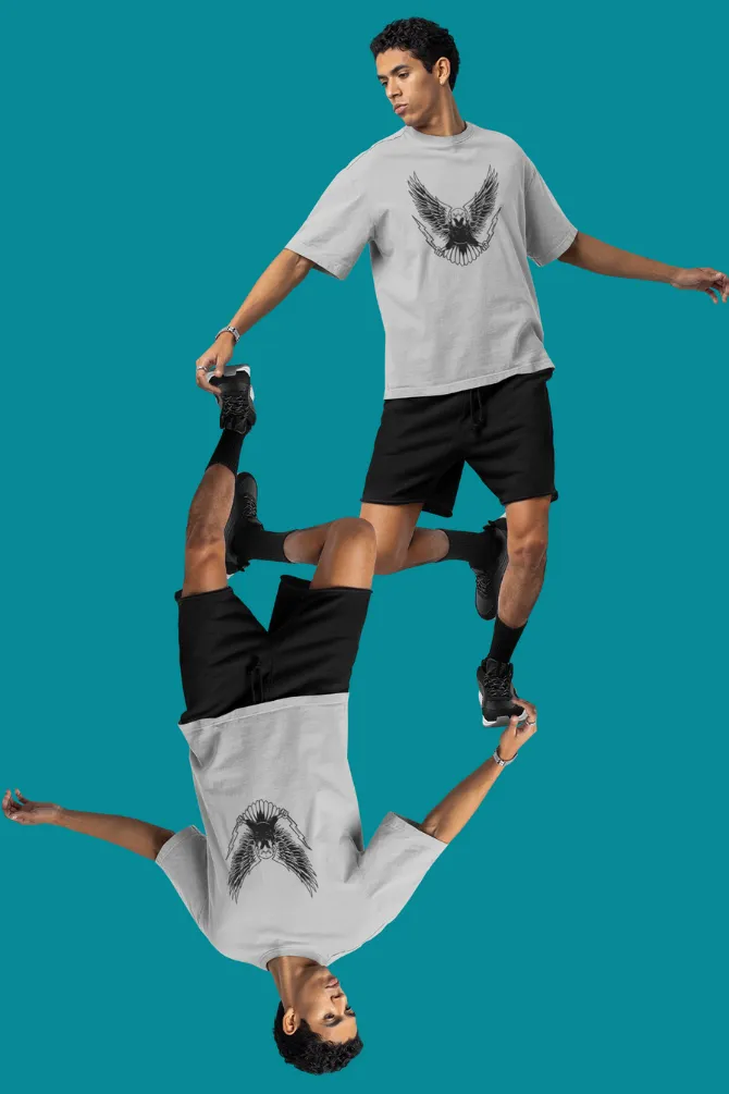Angry Eagle Grey Melange Printed Oversized T-shirt for Men