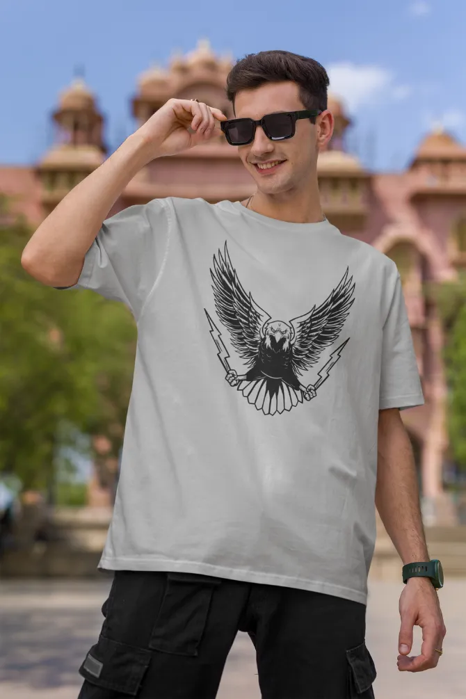 Angry Eagle Grey Melange Printed Oversized T-shirt for Men