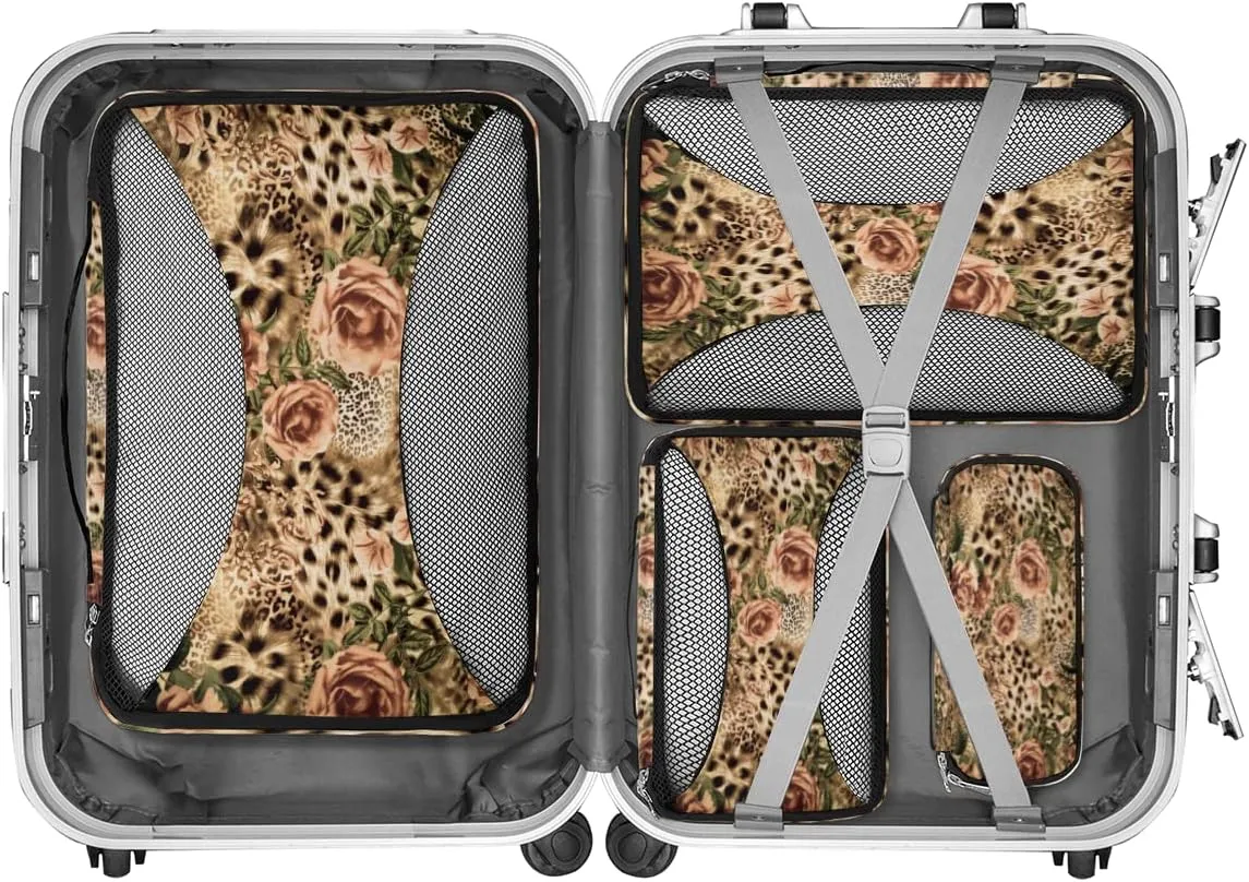 Animal Tiger Leopard Print Rose Flower Packing Cubes 4 Pack Travel Packing Bags Individual Carry on Suitcases Underwear Luggage Mesh Organizer Packing Cubes Set for Travel Bag Backpack