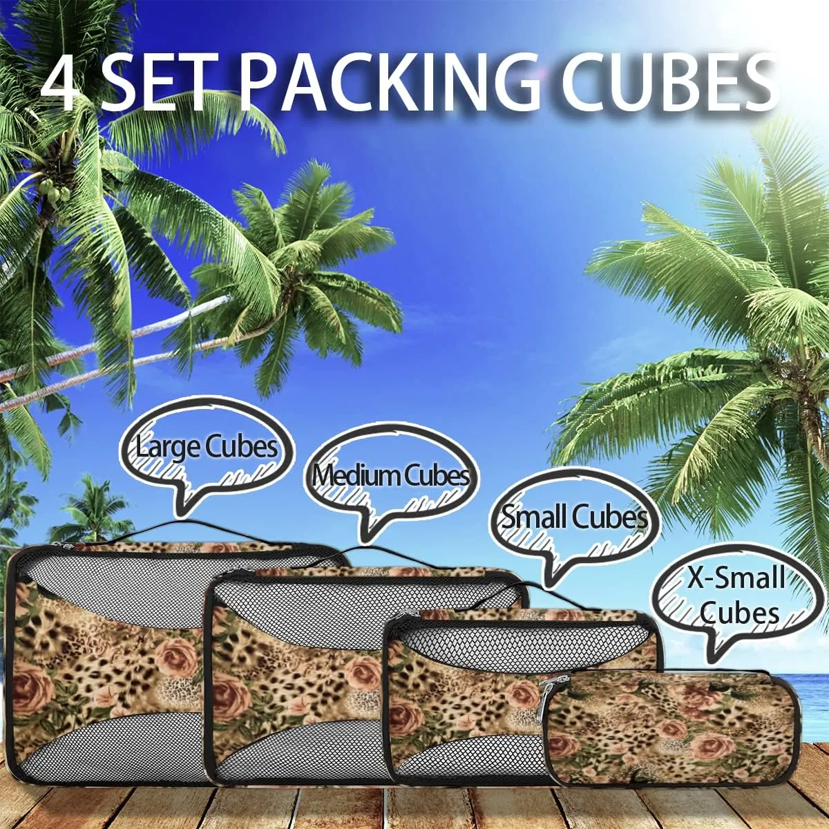 Animal Tiger Leopard Print Rose Flower Packing Cubes 4 Pack Travel Packing Bags Individual Carry on Suitcases Underwear Luggage Mesh Organizer Packing Cubes Set for Travel Bag Backpack
