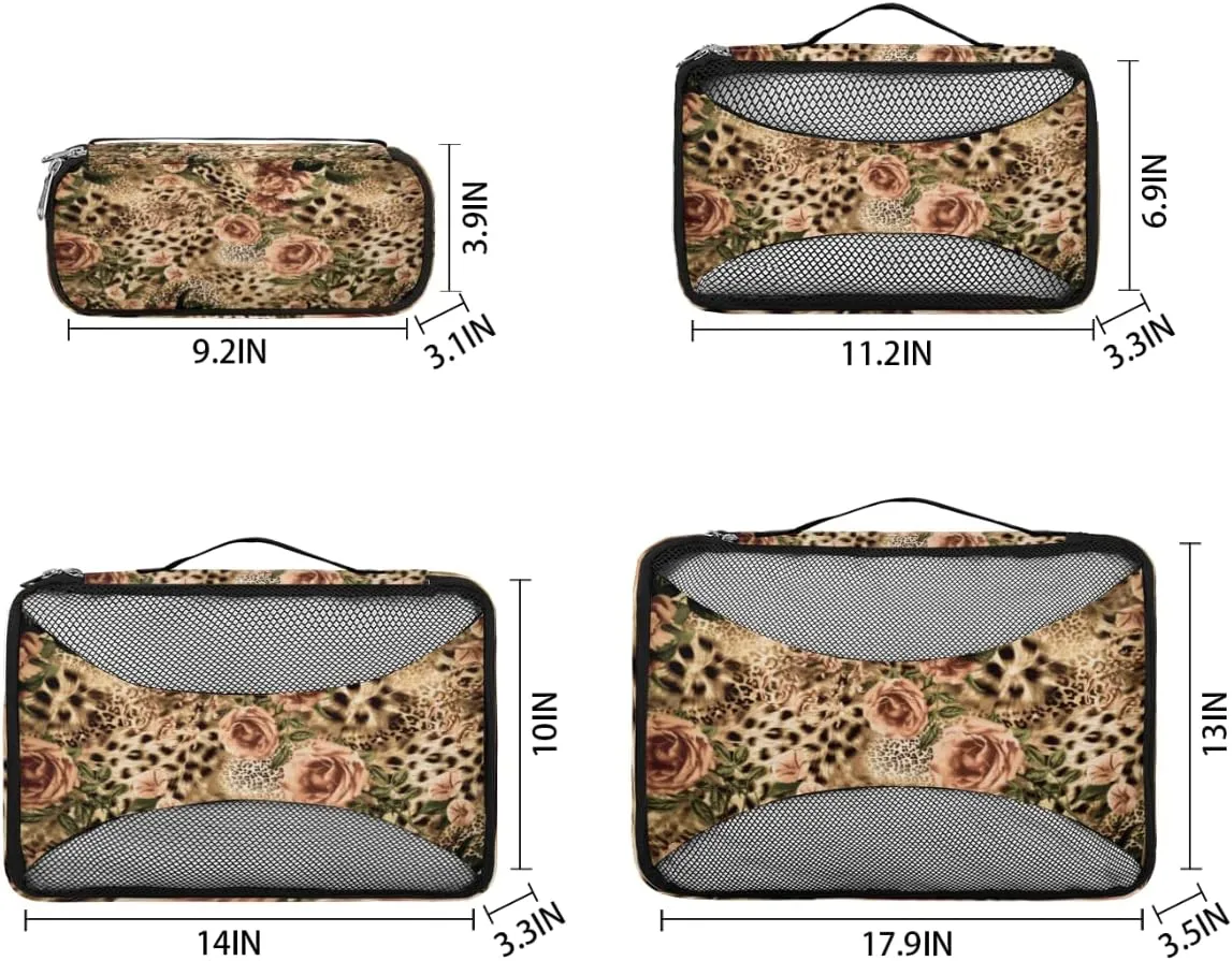 Animal Tiger Leopard Print Rose Flower Packing Cubes 4 Pack Travel Packing Bags Individual Carry on Suitcases Underwear Luggage Mesh Organizer Packing Cubes Set for Travel Bag Backpack