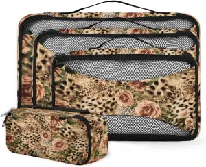 Animal Tiger Leopard Print Rose Flower Packing Cubes 4 Pack Travel Packing Bags Individual Carry on Suitcases Underwear Luggage Mesh Organizer Packing Cubes Set for Travel Bag Backpack