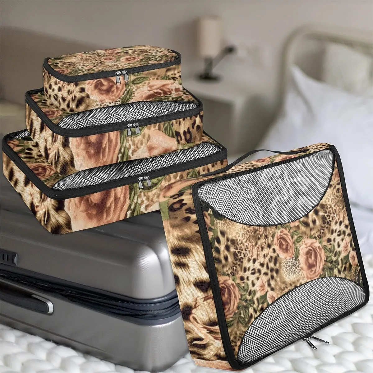 Animal Tiger Leopard Print Rose Flower Packing Cubes 4 Pack Travel Packing Bags Individual Carry on Suitcases Underwear Luggage Mesh Organizer Packing Cubes Set for Travel Bag Backpack