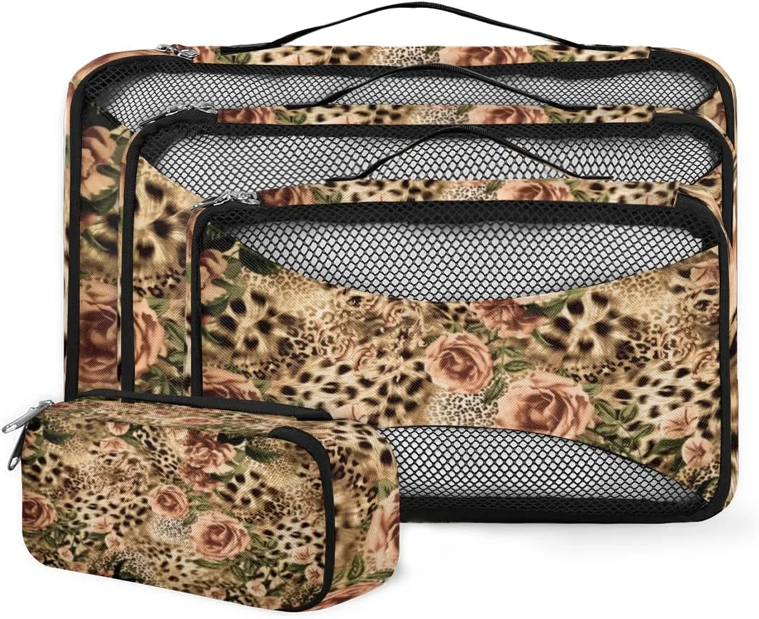 Animal Tiger Leopard Print Rose Flower Packing Cubes 4 Pack Travel Packing Bags Individual Carry on Suitcases Underwear Luggage Mesh Organizer Packing Cubes Set for Travel Bag Backpack