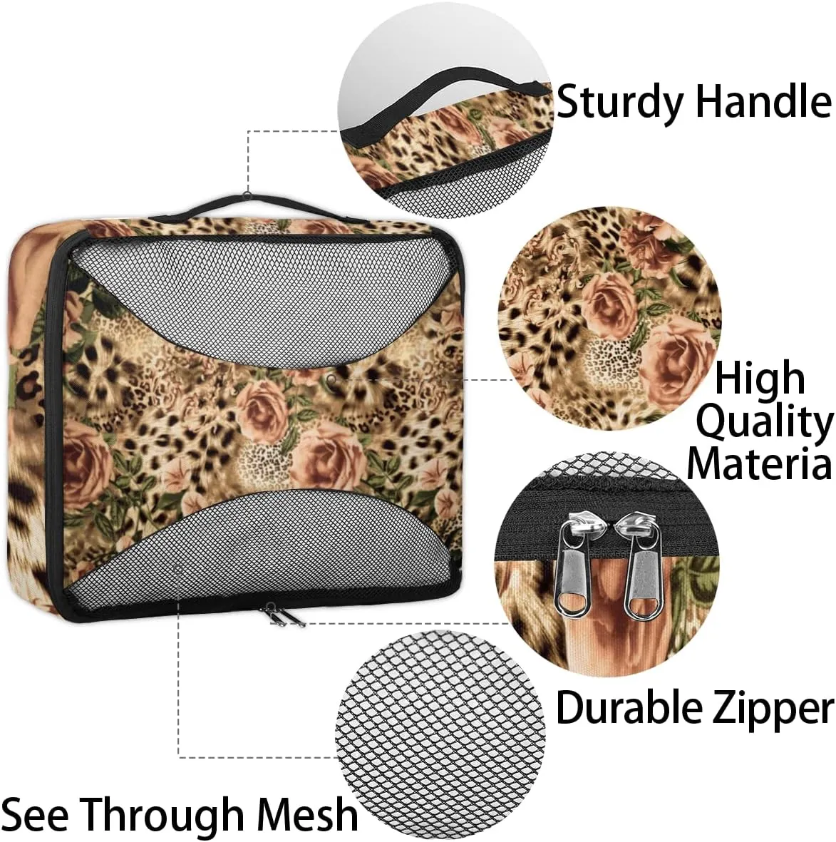 Animal Tiger Leopard Print Rose Flower Packing Cubes 4 Pack Travel Packing Bags Individual Carry on Suitcases Underwear Luggage Mesh Organizer Packing Cubes Set for Travel Bag Backpack
