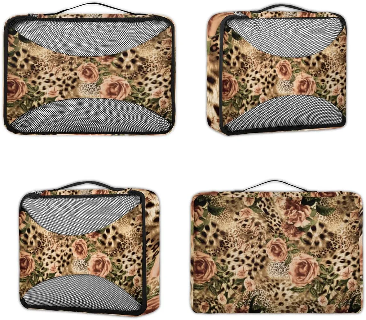 Animal Tiger Leopard Print Rose Flower Packing Cubes 4 Pack Travel Packing Bags Individual Carry on Suitcases Underwear Luggage Mesh Organizer Packing Cubes Set for Travel Bag Backpack