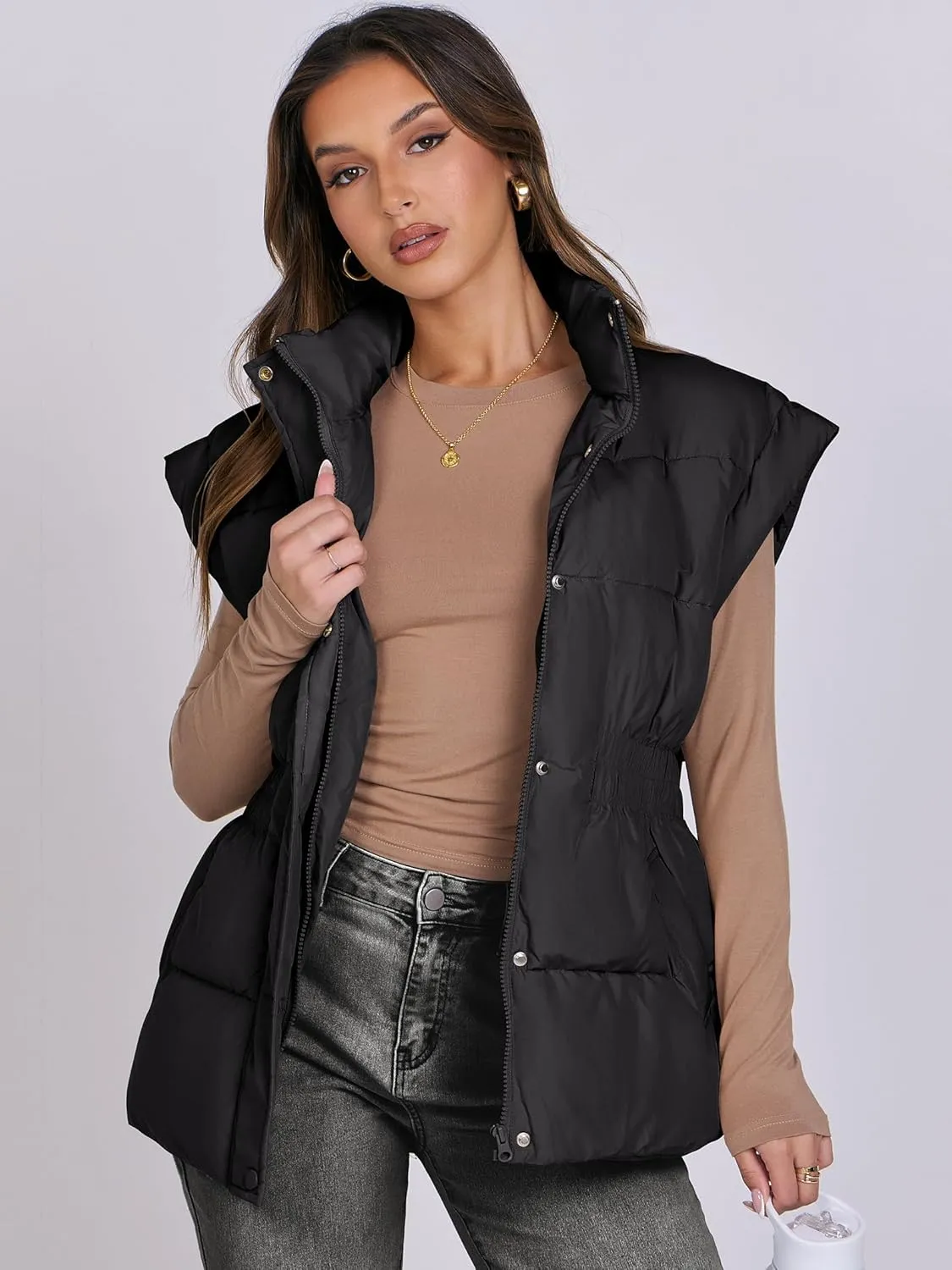 ANRABESS Women Puffer Vest Oversized Sleeveless Zip Up Stand Collar Lightweight Jackets 2025 Winter Warm Puffy Down Coats