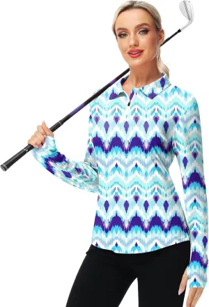 AOBUTE Women's Long Sleeve Golf Shirts Zip Polo Tennis Top with Thumb Hole