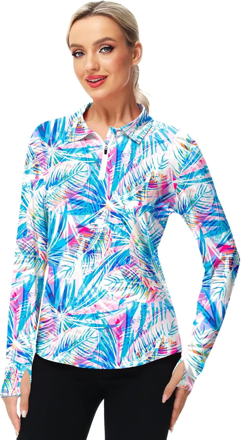AOBUTE Women's Long Sleeve Golf Shirts Zip Polo Tennis Top with Thumb Hole