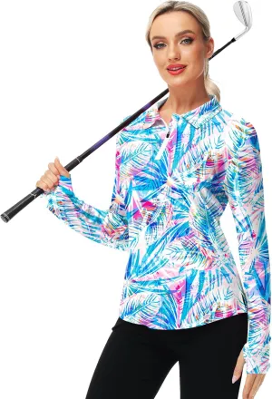 AOBUTE Women's Long Sleeve Golf Shirts Zip Polo Tennis Top with Thumb Hole