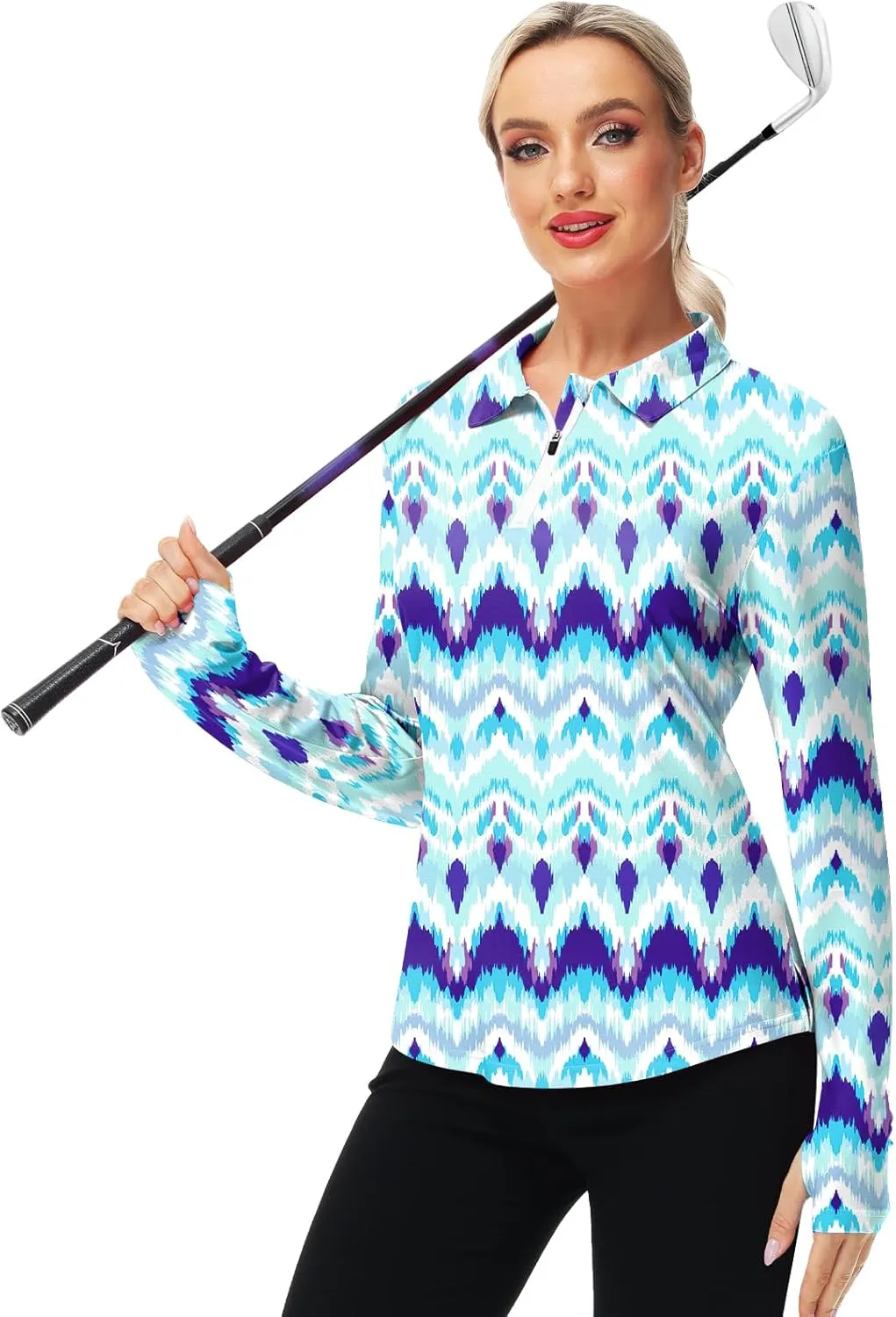 AOBUTE Women's Long Sleeve Golf Shirts Zip Polo Tennis Top with Thumb Hole