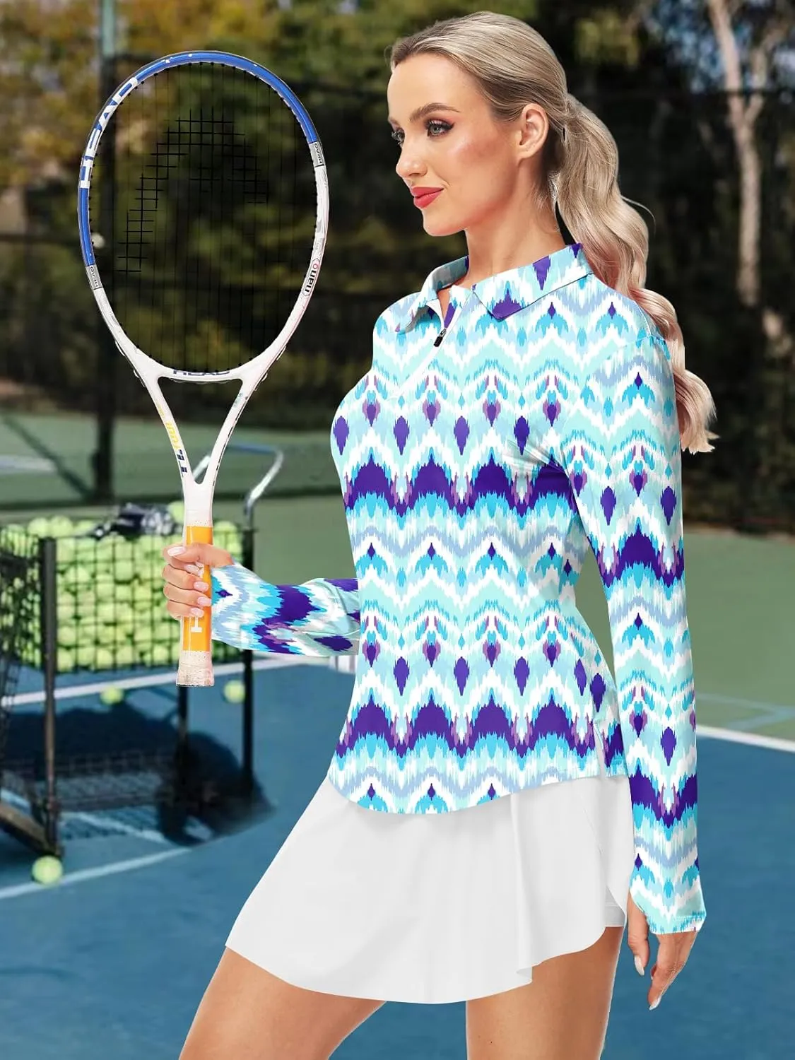 AOBUTE Women's Long Sleeve Golf Shirts Zip Polo Tennis Top with Thumb Hole