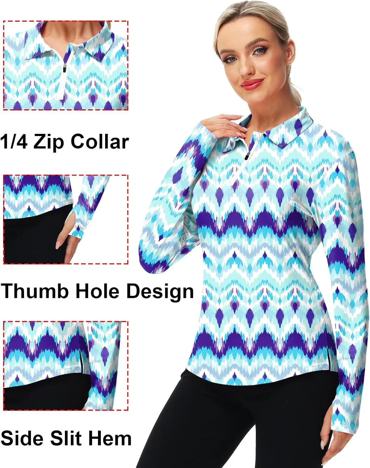 AOBUTE Women's Long Sleeve Golf Shirts Zip Polo Tennis Top with Thumb Hole