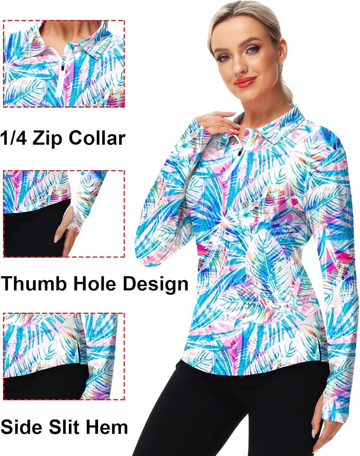 AOBUTE Women's Long Sleeve Golf Shirts Zip Polo Tennis Top with Thumb Hole