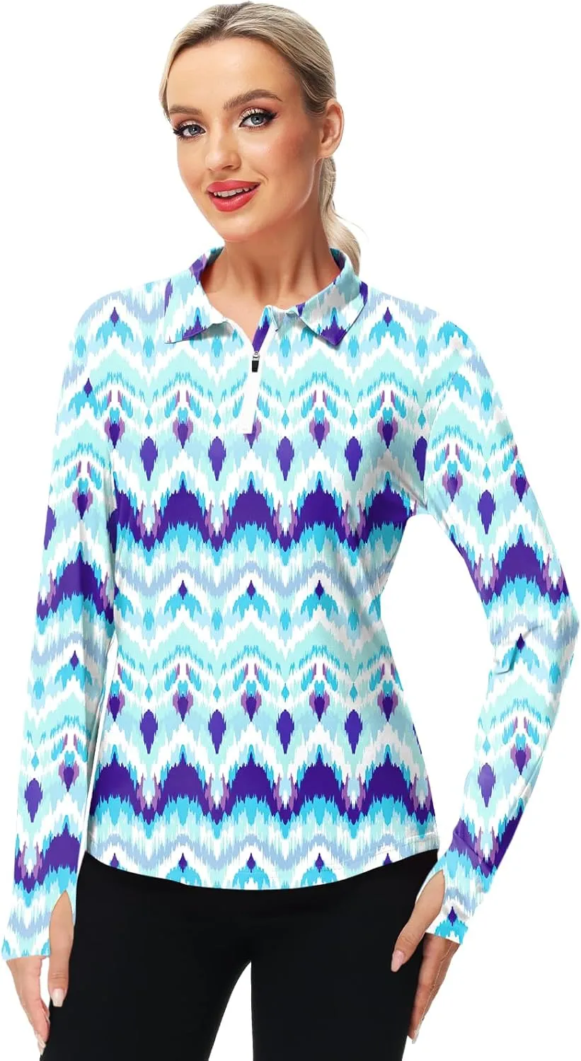 AOBUTE Women's Long Sleeve Golf Shirts Zip Polo Tennis Top with Thumb Hole