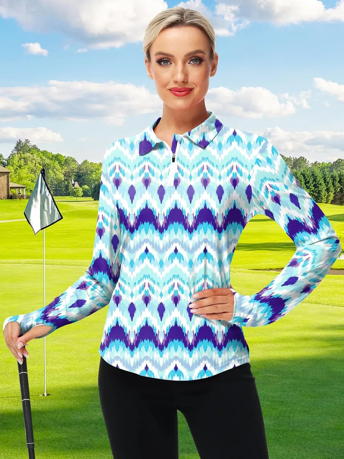 AOBUTE Women's Long Sleeve Golf Shirts Zip Polo Tennis Top with Thumb Hole