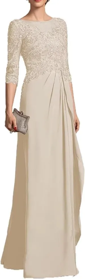 Appliques Mother of The Bride Dresses for Women Ruffles Chiffon Formal Dress with Sleevess Evening Gown