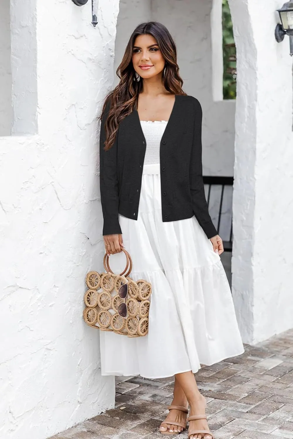 Arach&Cloz Womens Cropped Cardigan Lightweight 2025 Long Sleeve Bolero Shrug Knit Sweater Tops Cozy Clouds