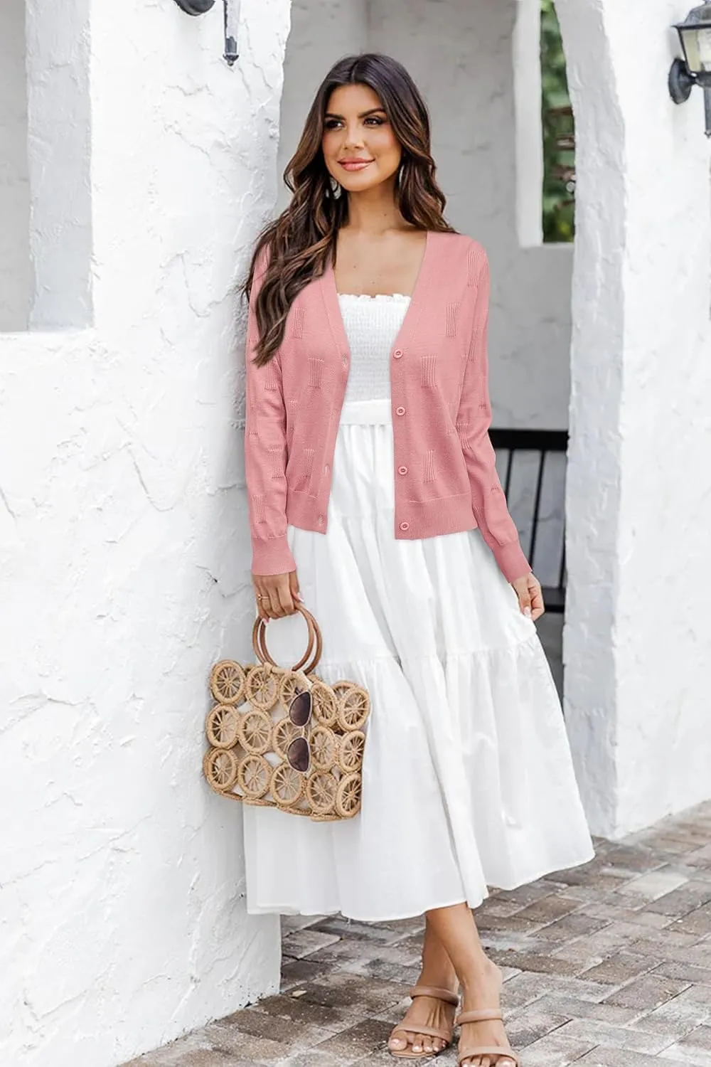 Arach&Cloz Womens Cropped Cardigan Lightweight 2025 Long Sleeve Bolero Shrug Knit Sweater Tops Cozy Clouds