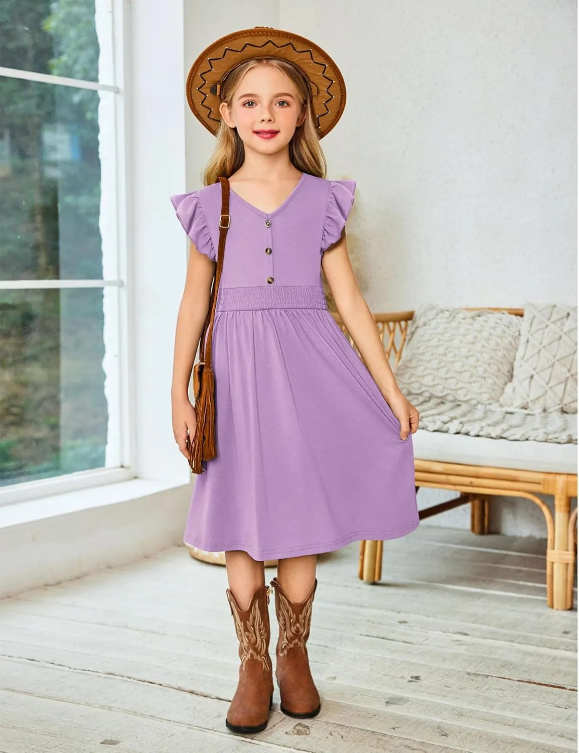 Arshiner Girls Dresses Ruffle Sleeve A-Line V-Neck Sundress Summer Swing Midi Dress with Pockets