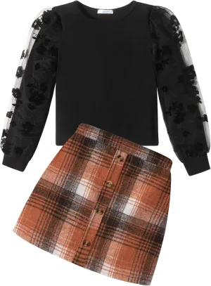 Arshiner Girl's Skirt Sets Casual Fall Outfits Corduroy Skirt and Long Sleeve Rib Knit Shirt Tops Trendy 2 Piece Clothes