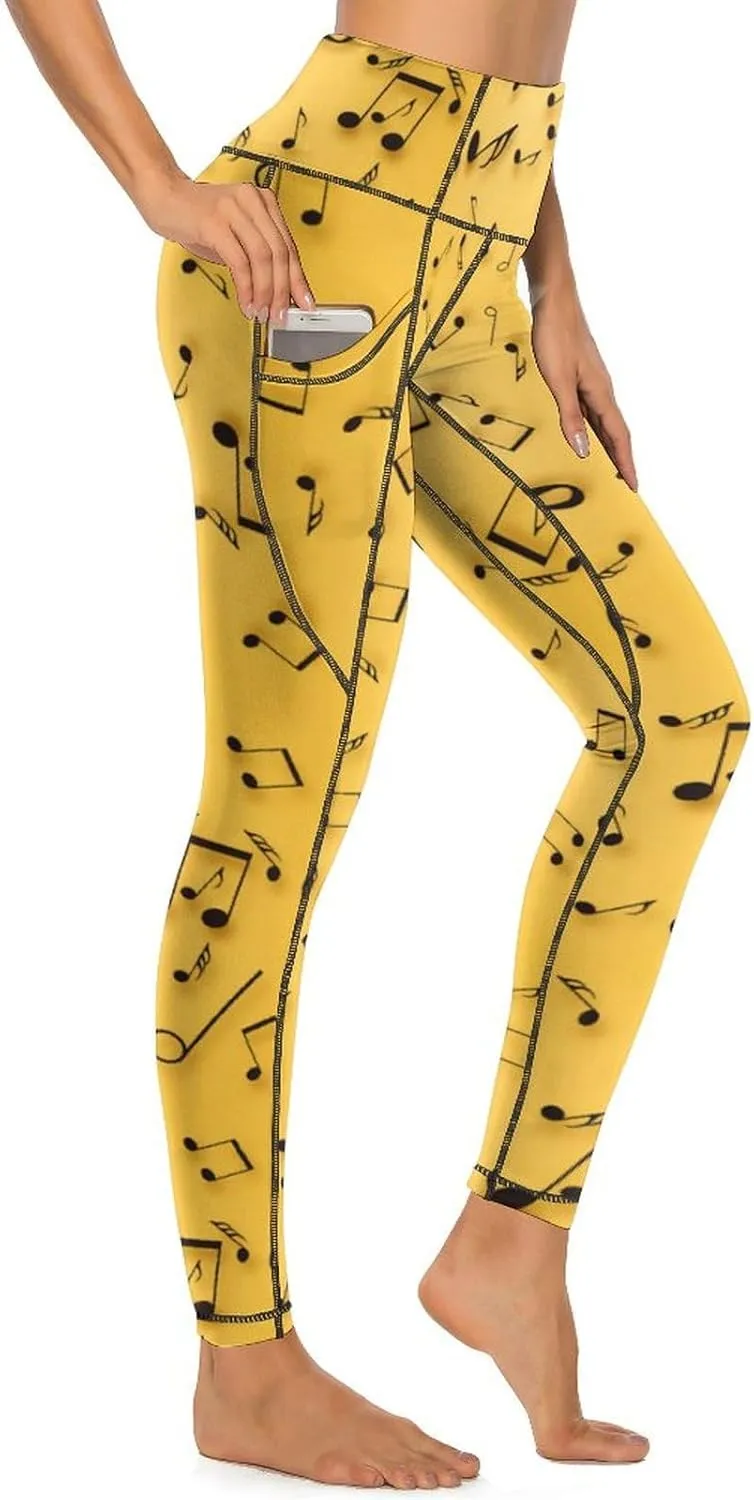 Athletic High Waist Yoga Pants Women's Workout Leggings with Pockets Exercise Tights White Music Notes Sports Trousers