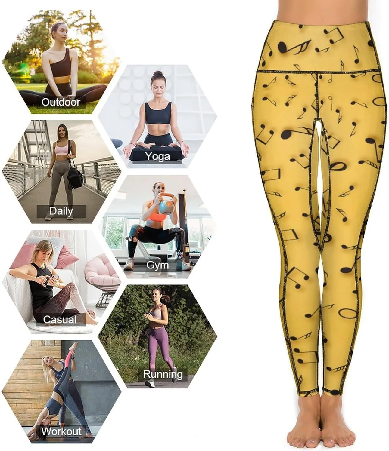 Athletic High Waist Yoga Pants Women's Workout Leggings with Pockets Exercise Tights White Music Notes Sports Trousers