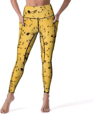 Athletic High Waist Yoga Pants Women's Workout Leggings with Pockets Exercise Tights White Music Notes Sports Trousers