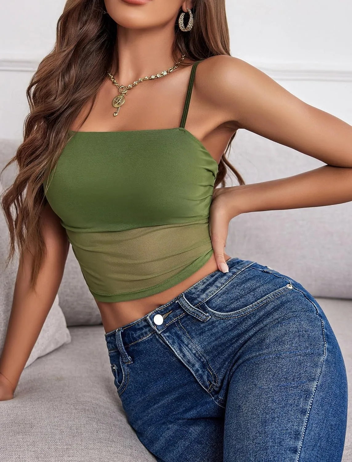 Avidlove Bralettes for Women Spaghetti Strap Mesh Tank Top Tube Slim Y2K Camisole