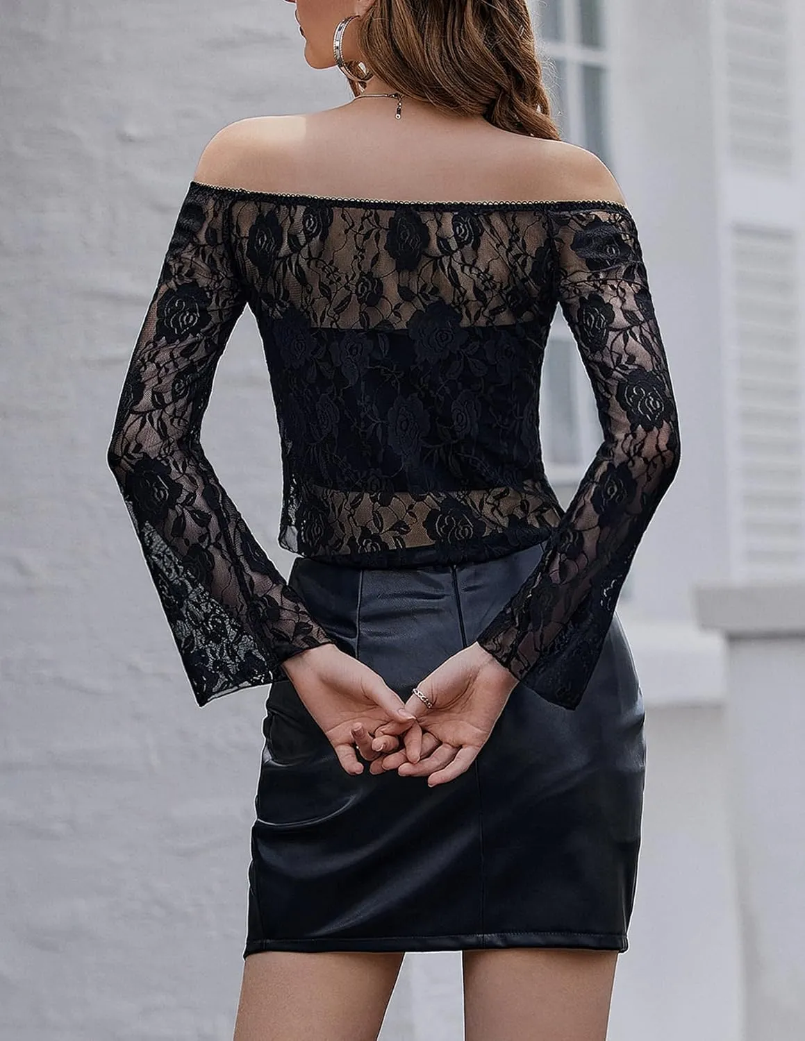 Avidlove Lace Long Sleeve Tops for Women Y2k Off The Shoulder Tops Sexy Sheer Bell Sleeve Going Out Tops