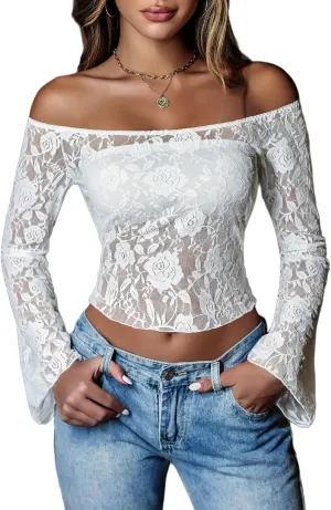 Avidlove Lace Long Sleeve Tops for Women Y2k Off The Shoulder Tops Sexy Sheer Bell Sleeve Going Out Tops
