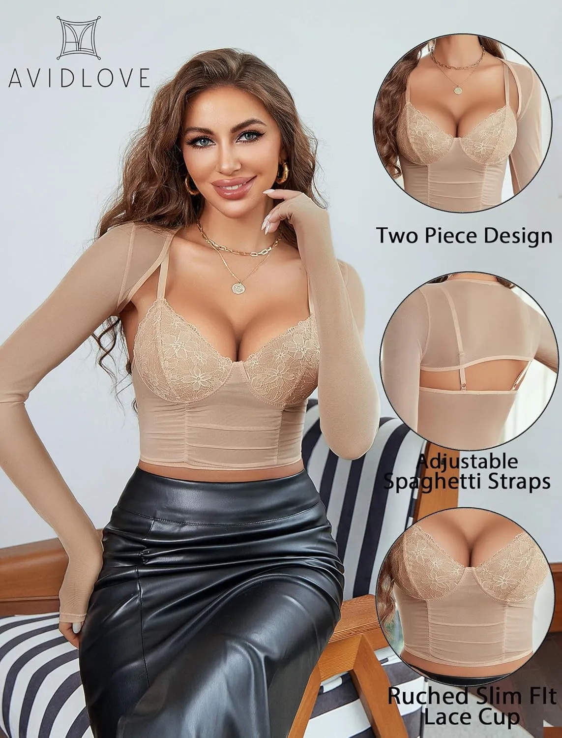 Avidlove Mesh Cami Top with Shrug Long Sleeve Sheer Crop Tops Sexy Low Cut Camisole Going Out 2 Pieces Clubwear