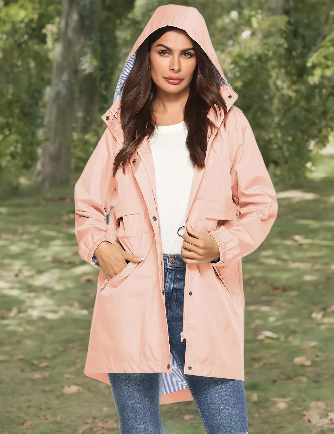 Avoogue Womens Raincoats Waterproof Cinch Waist Breathable All Weather Jacket Long