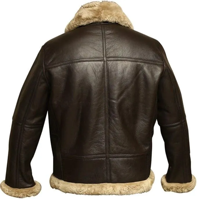 B3 Shearling Military Aviator Leather Jacket with Fur Collar Adjustable Waist Belt Bomber Jacket Mens