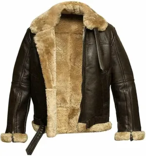 B3 Shearling Military Aviator Leather Jacket with Fur Collar Adjustable Waist Belt Bomber Jacket Mens