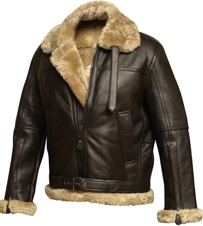 B3 Shearling Military Aviator Leather Jacket with Fur Collar Adjustable Waist Belt Bomber Jacket Mens