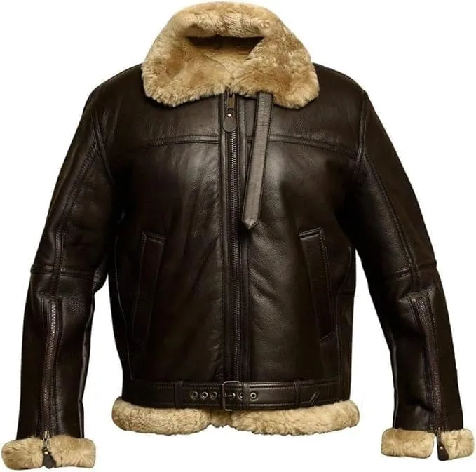 B3 Shearling Military Aviator Leather Jacket with Fur Collar Adjustable Waist Belt Bomber Jacket Mens
