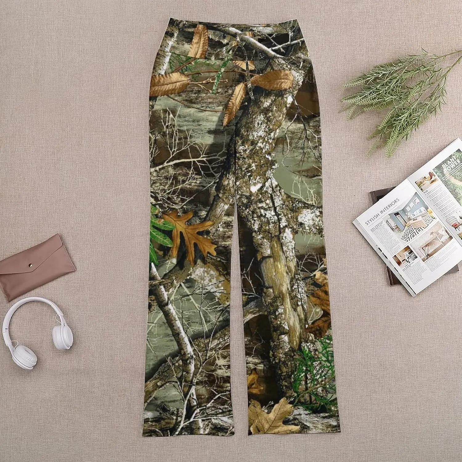 Bagea-Ka Autumn Hunting Tree Camo Pattern Women Yoga Pants Straight Wide Leg Pants Drawstring Casual Loose Sweatpants