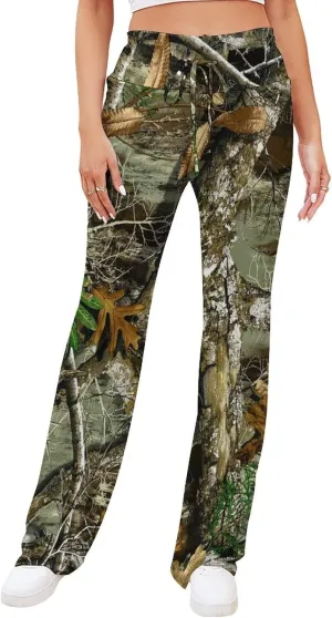 Bagea-Ka Autumn Hunting Tree Camo Pattern Women Yoga Pants Straight Wide Leg Pants Drawstring Casual Loose Sweatpants