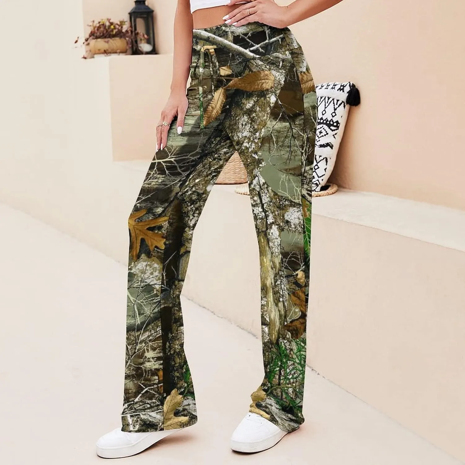 Bagea-Ka Autumn Hunting Tree Camo Pattern Women Yoga Pants Straight Wide Leg Pants Drawstring Casual Loose Sweatpants