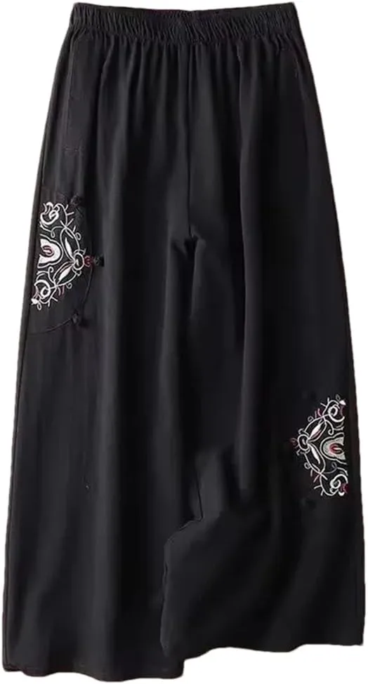 Bciopll 2025 Summer Women Thin Casual Pants Ladies Cotton Linen Pantalons Retro Embroidery Wide Leg Trousers