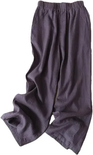 Bciopll Women Cotton Linen Casual Summer Trousers Loose Straight Leg Pants Elastic Waist Ankle Pants with Pockets