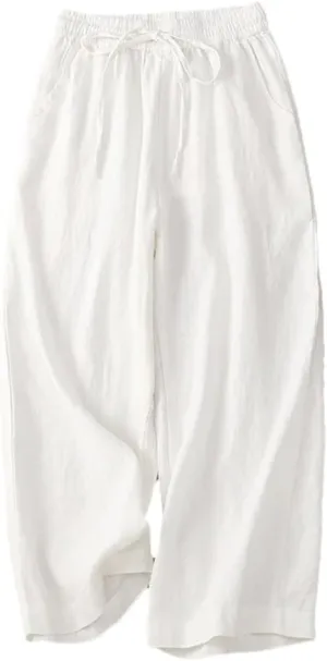 Bciopll Women Vitnage Cotton Linen Calf-Length Casual Pants Drawstring Elastic Waist Wide Legs Trousers Summer