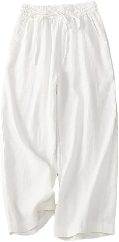 Bciopll Women Vitnage Cotton Linen Calf-Length Casual Pants Drawstring Elastic Waist Wide Legs Trousers Summer