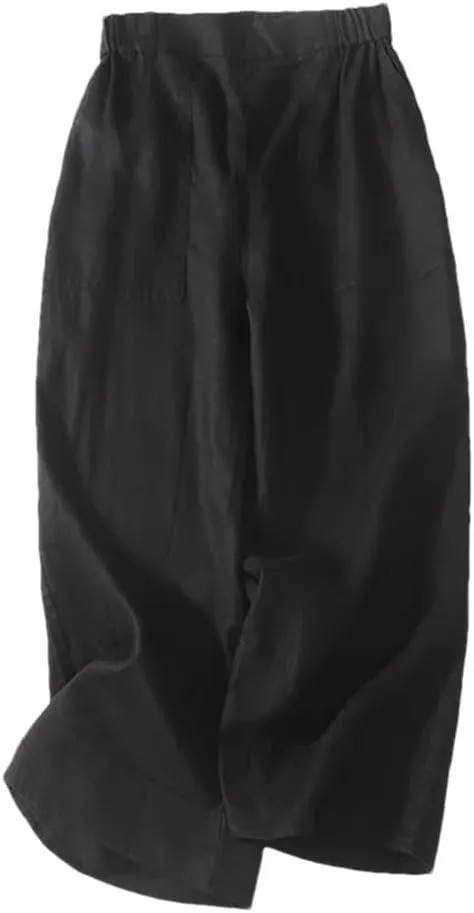 Bciopll Women's Loose Pocket Wide Legs Cotton Linen Pants Casual Solid Cropped Trousers Elastic Waist Linen Pants Summer