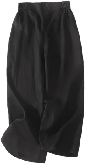 Bciopll Women's Loose Pocket Wide Legs Cotton Linen Pants Casual Solid Cropped Trousers Elastic Waist Linen Pants Summer