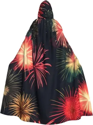 Beautiful Fireworks Print Halloween Hooded Cloak Hooded Cape Adult Halloween Costume Cosplay Witch Cloak with Extra Comfort Black