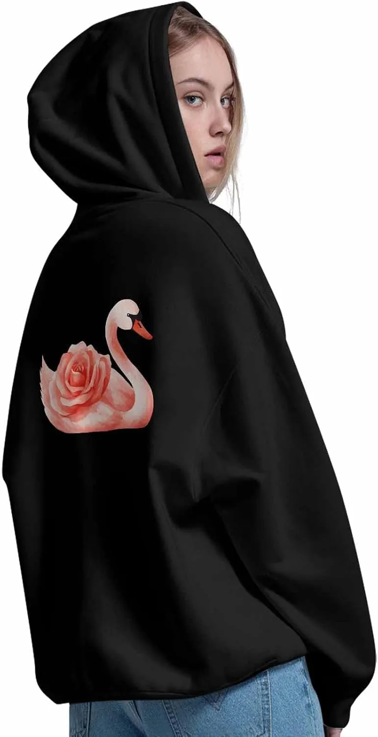BEMIGO Hooded Sweatshirt Women Swan Cozy Black/White Sweatshirt with Oversized Front Pocket Elegant Printed Trendy Tops